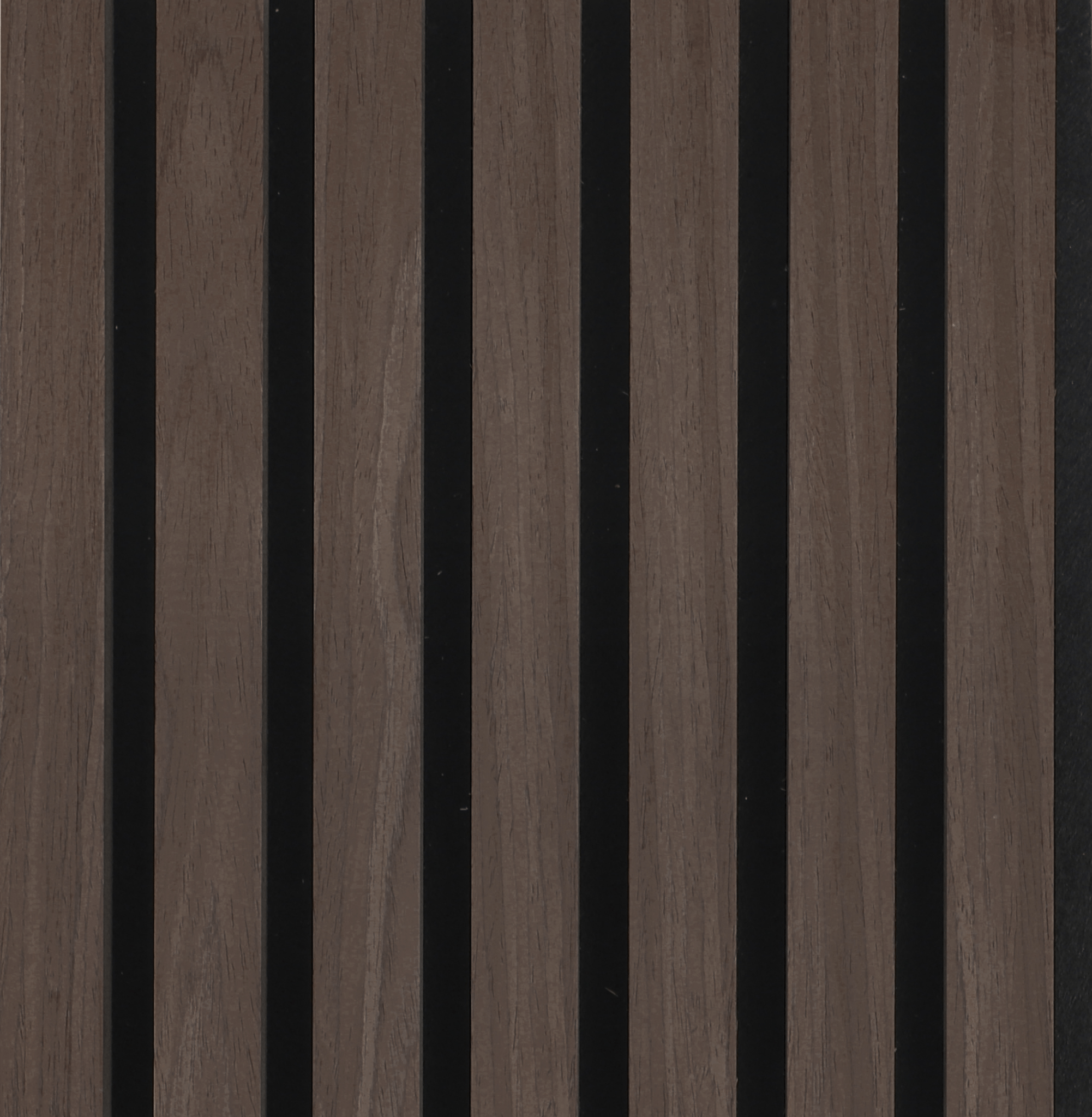 Medium brown vertical wood slat acoustic wall panel with black gaps, modern soundproofing design, made in New Jersey.