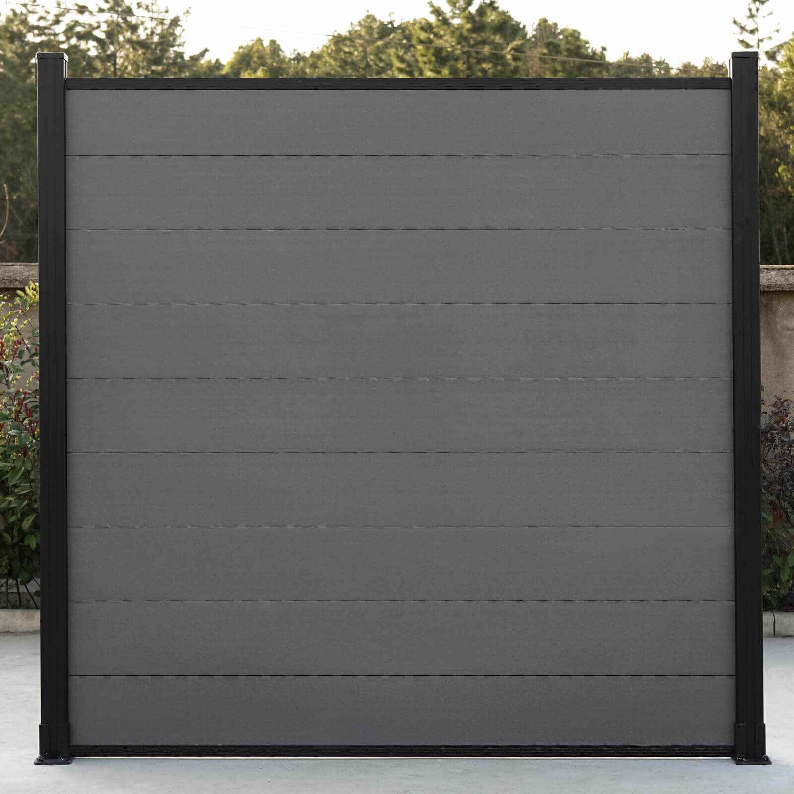 Dark gray composite fence with horizontal planks, black posts, and sleek silver-gray finish, perfect for NJ homes.