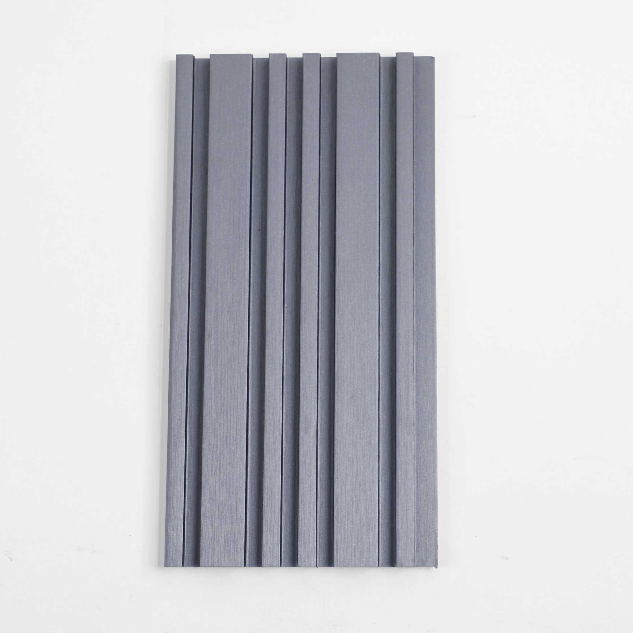 Gray WPC wall panel with textured stripes, durable and stylish, perfect for NJ homes, showcasing modern design and quality