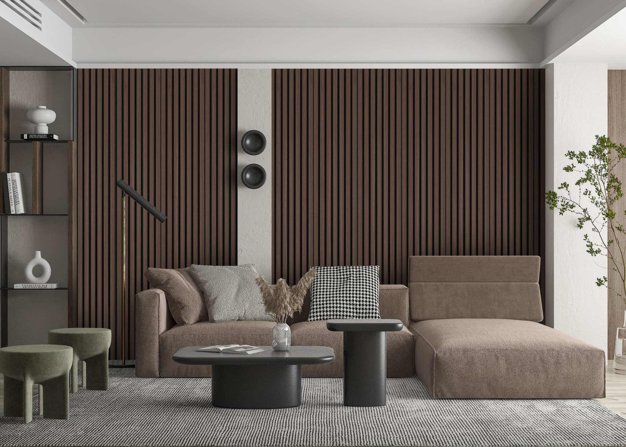 Modern dark chestnut wood slat acoustic wall panel, 94”x24”, enhances NJ living rooms with minimalist, soundproofing style.