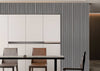 Modern gray & black acoustic wood slat wall panel, 94” x 24”, enhances NJ dining rooms with sleek soundproofing design.