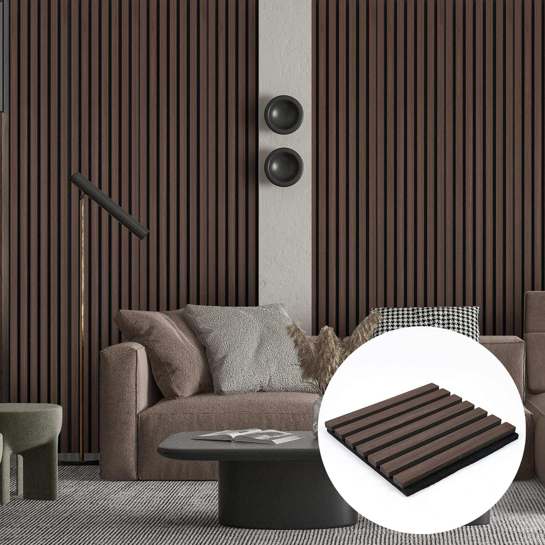 Dark chestnut wood slat acoustic wall panel, 94”x24”, enhances NJ living rooms with soundproofing and modern design.