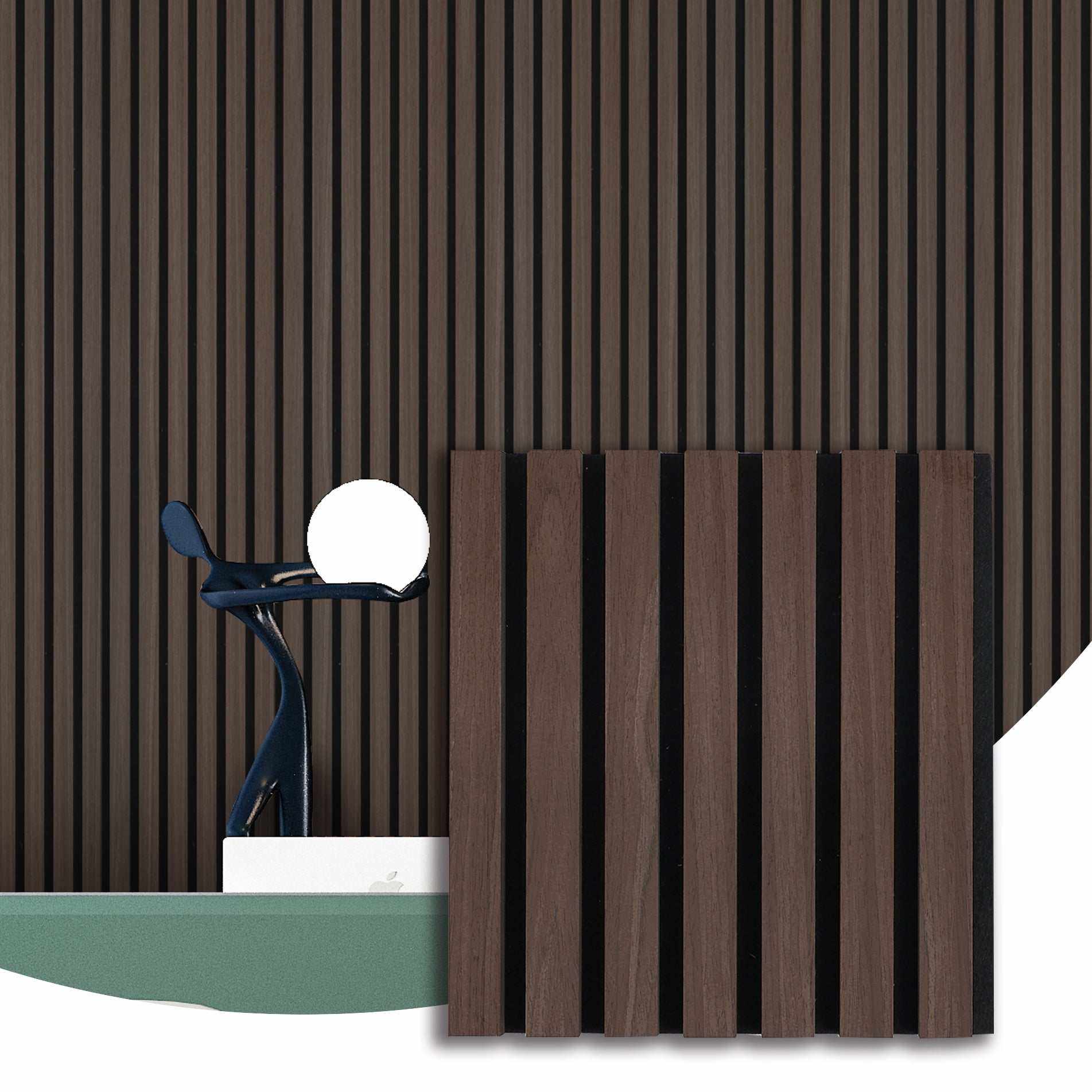 Dark brown wood grain acoustic wall panel with 3D effect, vertical slats, and sleek design, perfect for NJ soundproofing.