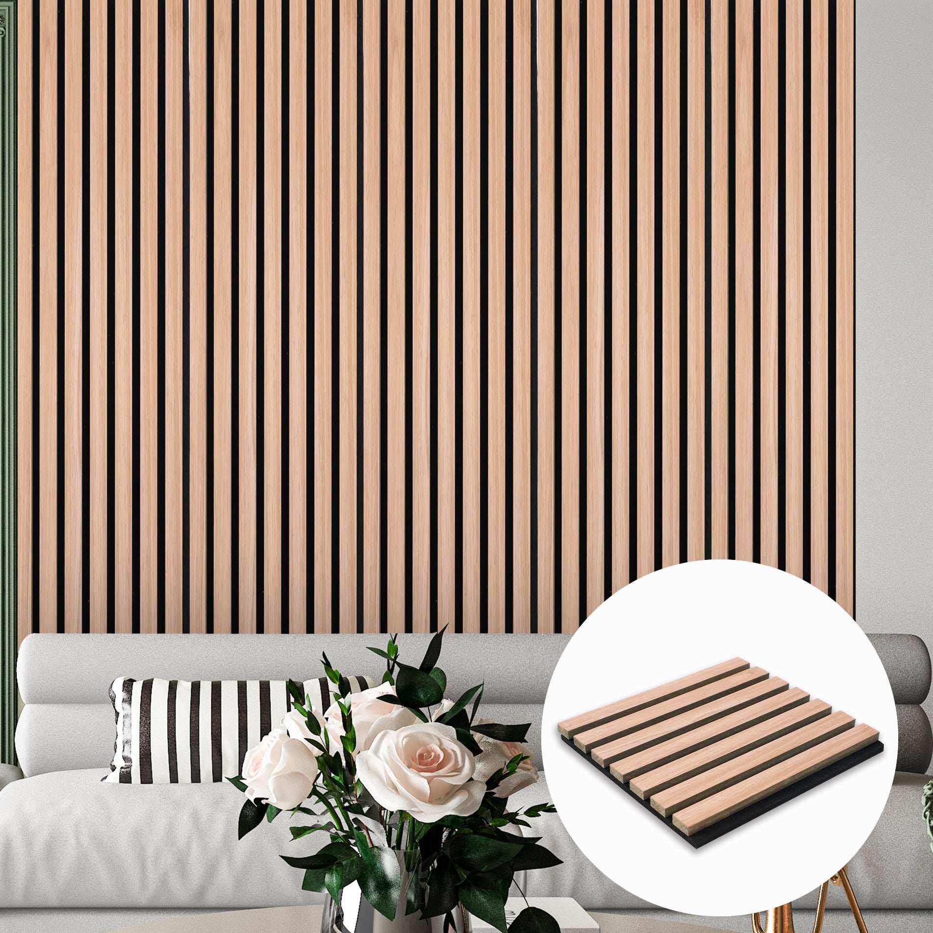 Light brown oak acoustic wood wall panel with dark brown stripes, enhancing NJ living room soundproofing and modern style.