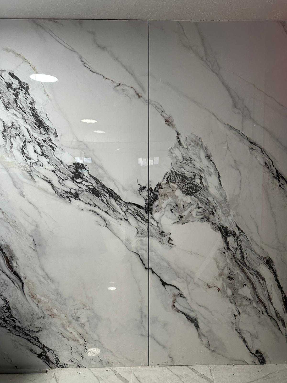 White marble bamboo veneer panels with black & gray veins, book match pattern, glossy finish, 9x4 feet, available in NJ