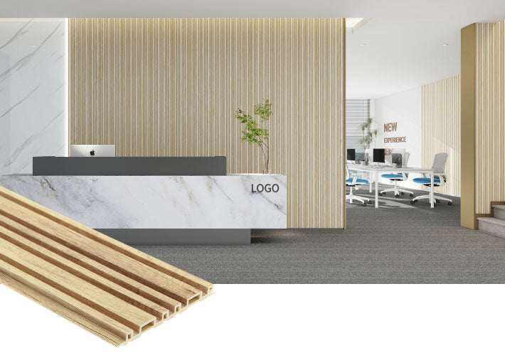 Modern WPC wall panel with sleek striped design, wood texture, and premium finish, ideal for NJ offices and stylish