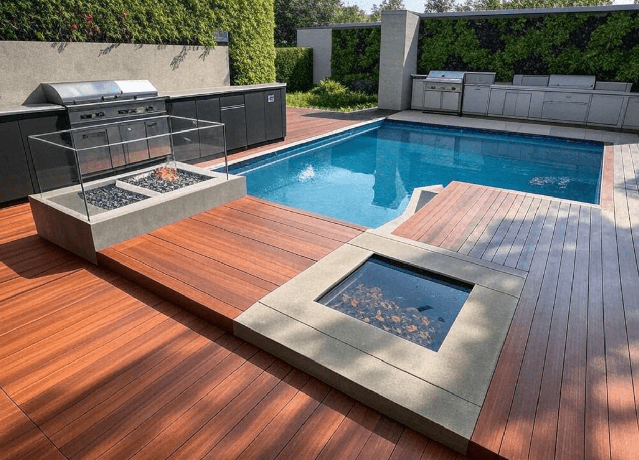 Red Sandalwood composite decking with co-extruded Ultra Guard, perfect for NJ backyards with pools, fire pits, and stylish