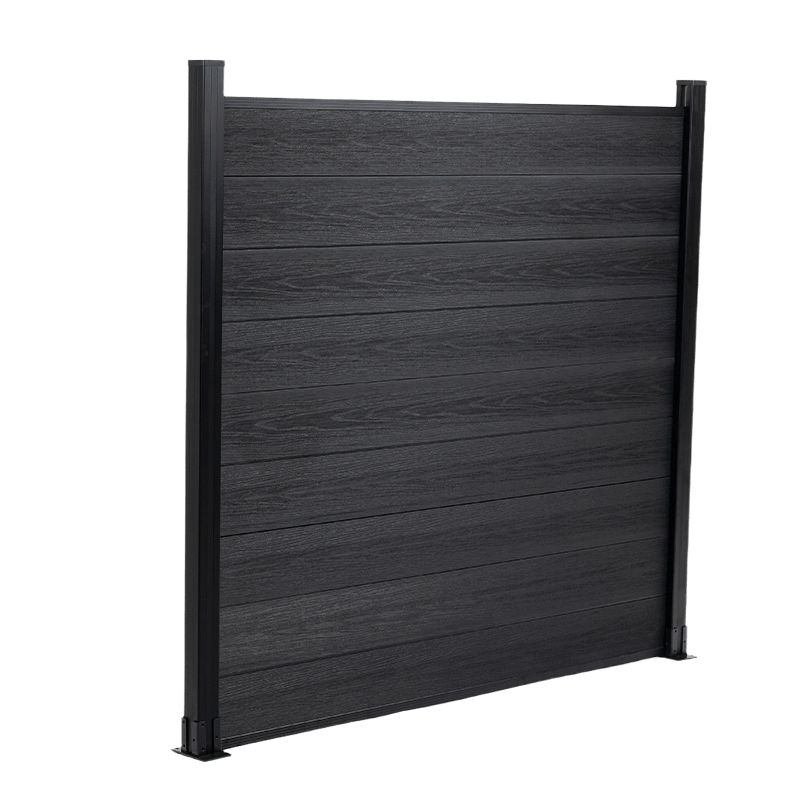 Black composite fence with wood grain texture, horizontal planks, and sturdy black posts, available at discounted prices in