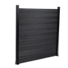 Black composite fence with wood grain texture, horizontal planks, and sturdy black posts, available at discounted prices in