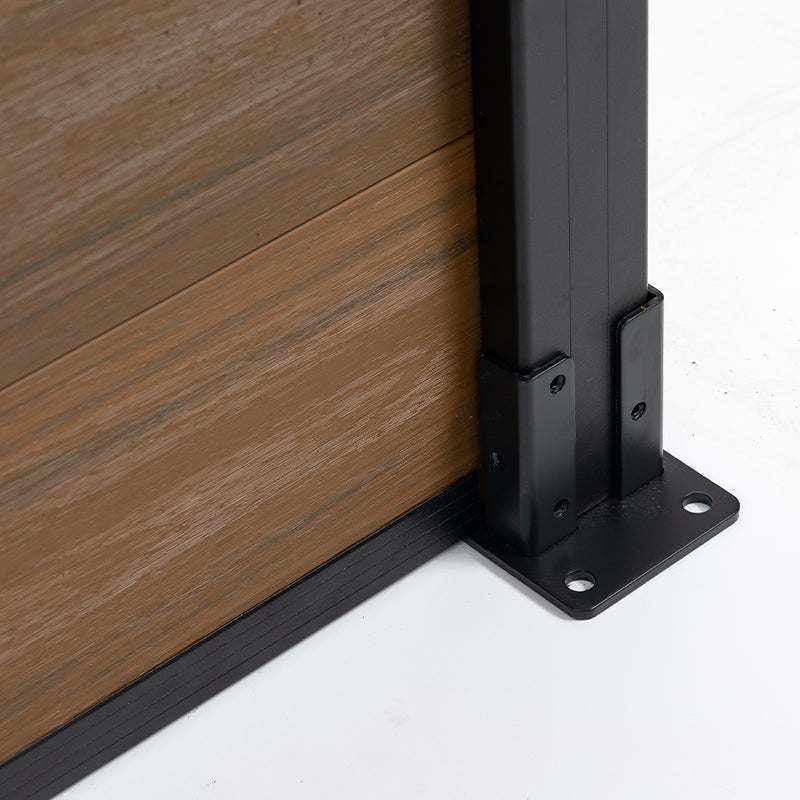 Brown composite fence with walnut finish, durable co-extrusion design, ideal for NJ outdoor decks with black metal frame