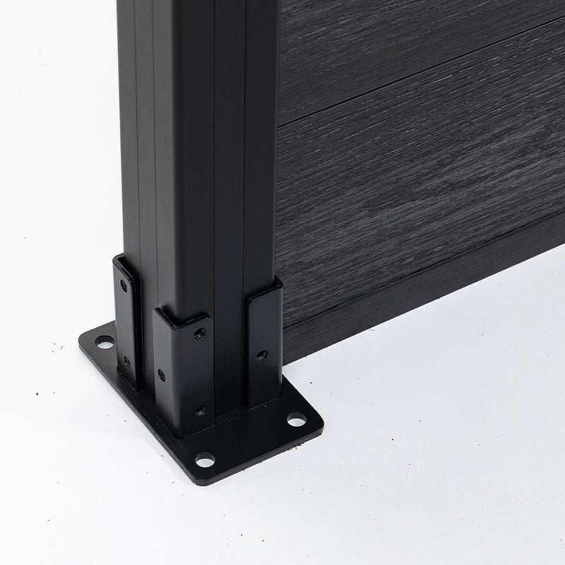 Black composite fence with wood grain texture, aluminum post, and sleek brackets, perfect for NJ decks