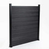 Black composite fence with horizontal planks, slight color variation, supported by black posts, durable and stylish, ideal