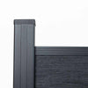 Black composite fence with wood grain texture, durable horizontal planks, and solid posts, available at discounted prices in