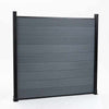 Dark gray composite fence with wood grain texture, horizontal planks, supported by black metal posts, available in NJ.