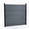 Light gray composite fence with wood grain texture, supported by black metal posts, available at discounted prices in New