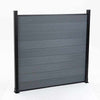 Light gray composite fence with wood grain texture, supported by black metal posts, available at discounted prices in NJ. 440