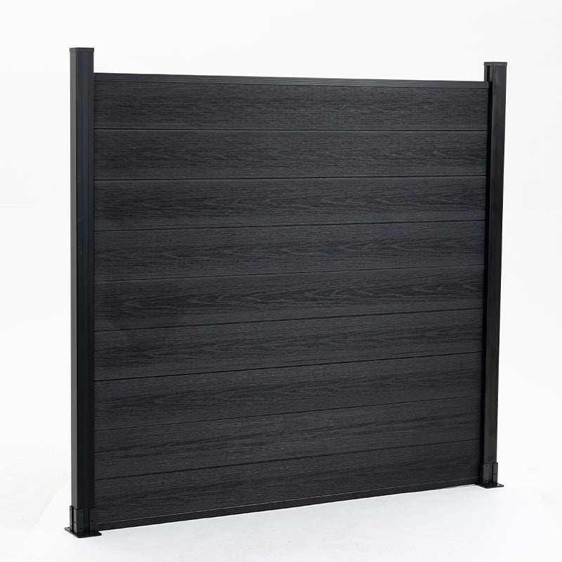 Black composite fence with horizontal planks, slight color variation, supported by black posts. High-quality, durable