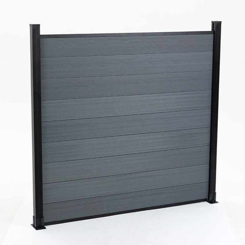 Light gray composite fence with horizontal planks, black metal posts, durable co-extrusion design, perfect for NJ homes