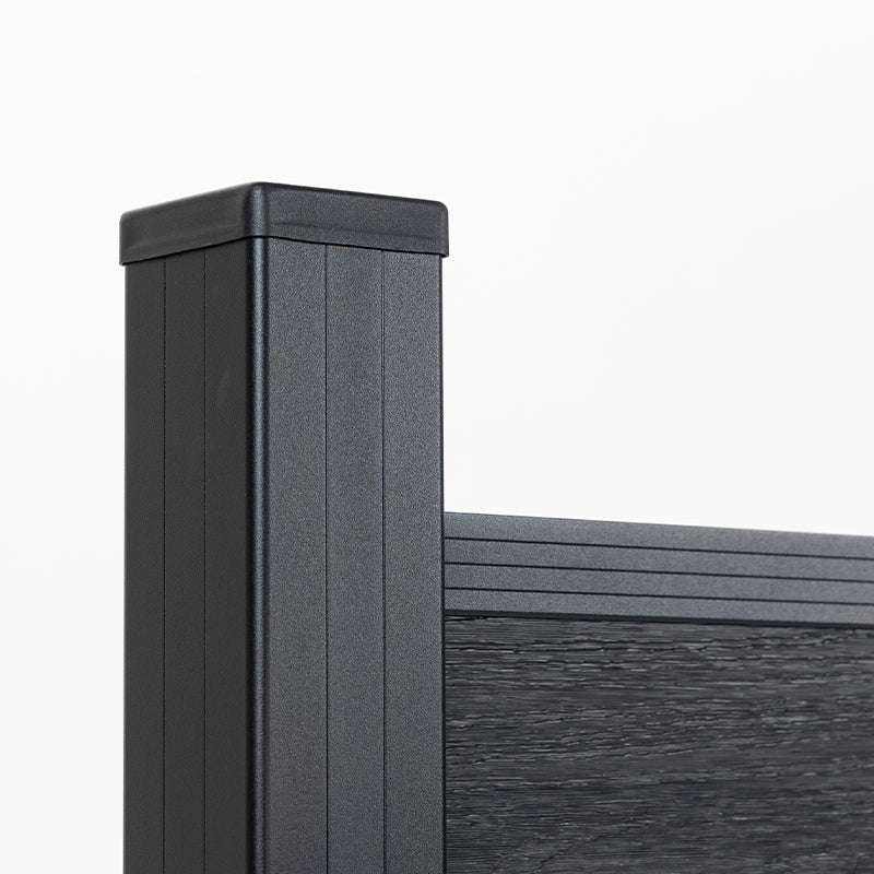 Black vinyl fence with wood grain texture, dark grey panels, and smooth black aluminum posts, installed on concrete slab in