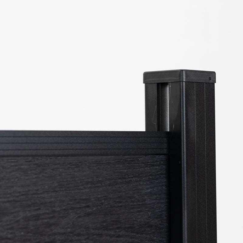 Black vinyl composite fence with wood grain texture, horizontal planks, and durable frame - discounted wholesale price in NJ