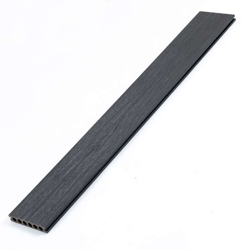 Dark gray composite deck board with grooved surface, 1 in. thick, 6 in. wide, durable wood-plastic material, ideal for NJ