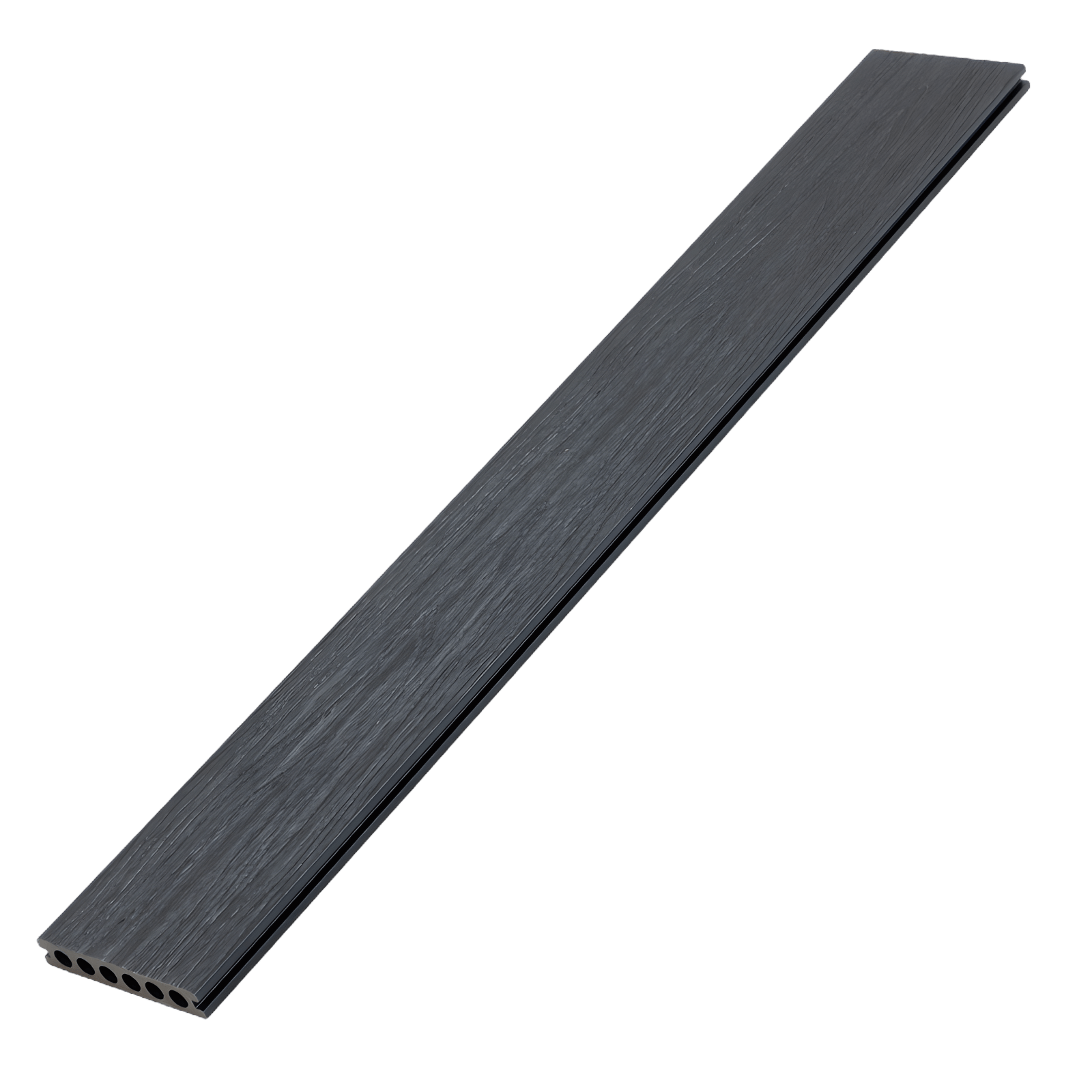 Dark gray composite deck board with wood grain texture, hollow core, durable co-extruded design, available in NJ.