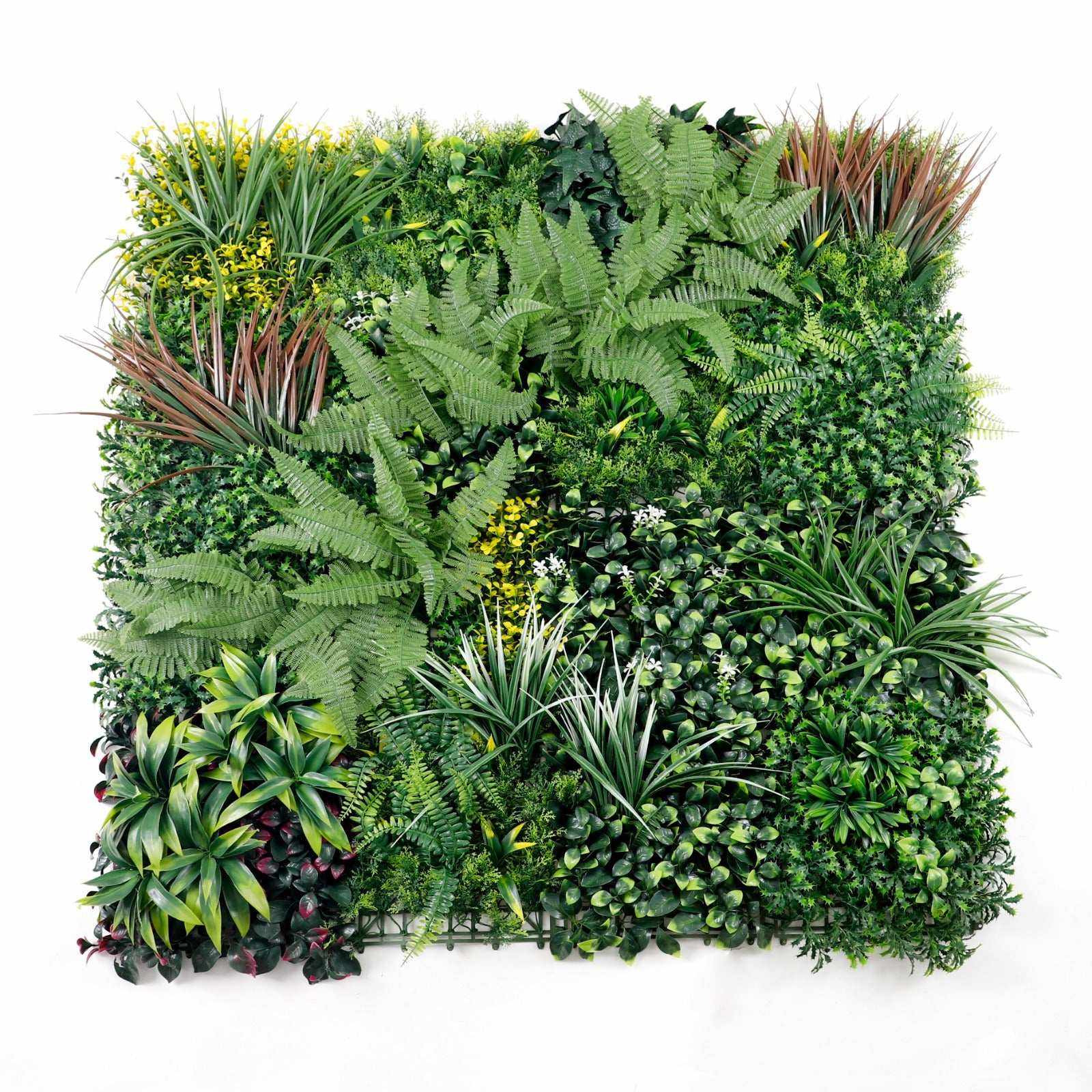 UV-resistant 40x40 artificial grass wall panel with realistic greenery, lush ferns, and vibrant flowers for NJ indoor &