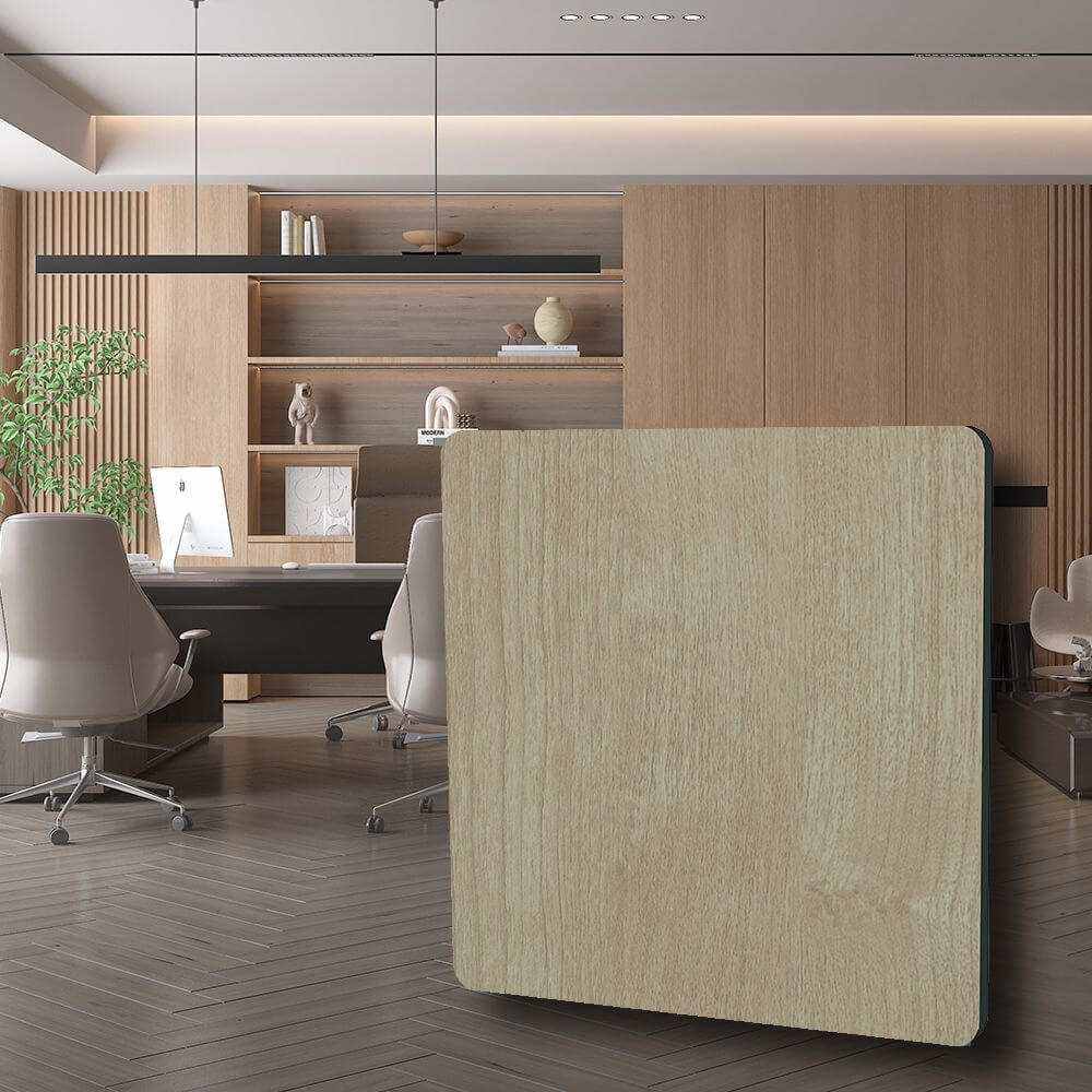 Light brown bamboo charcoal wood veneer panel with medium brown grain, fireproof & waterproof, perfect for NJ living rooms &