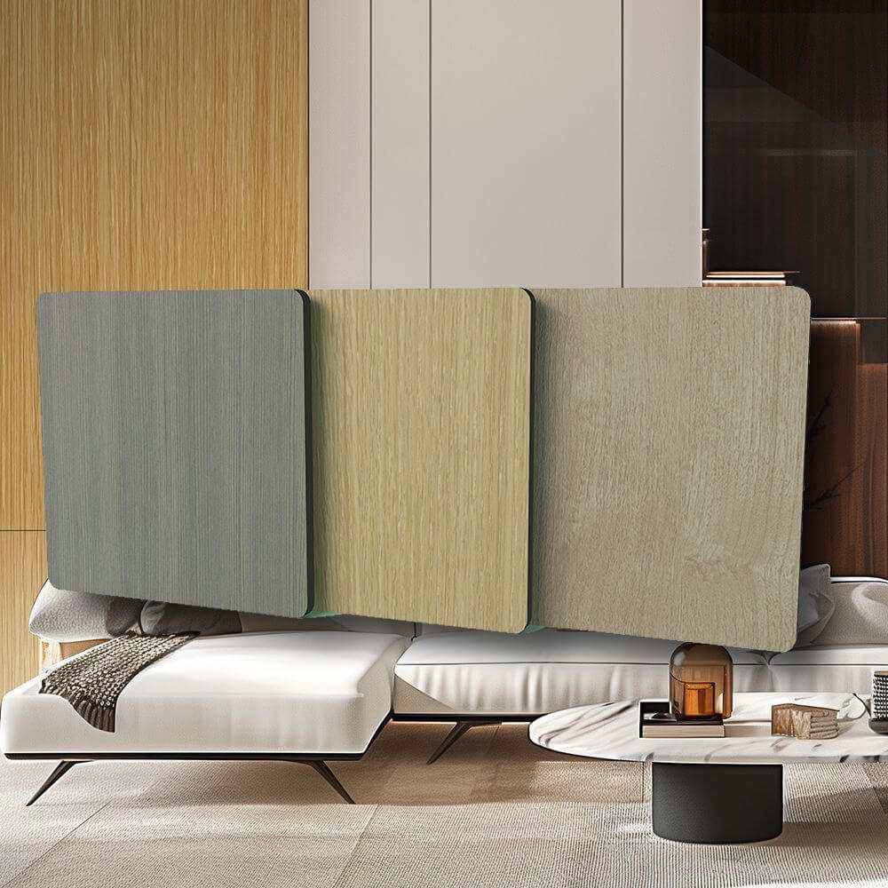 Modern 8x4 ft Royal Oak Bamboo Veneer Panel in dark gray, light brown, and light gray shades, fireproof, waterproof, and