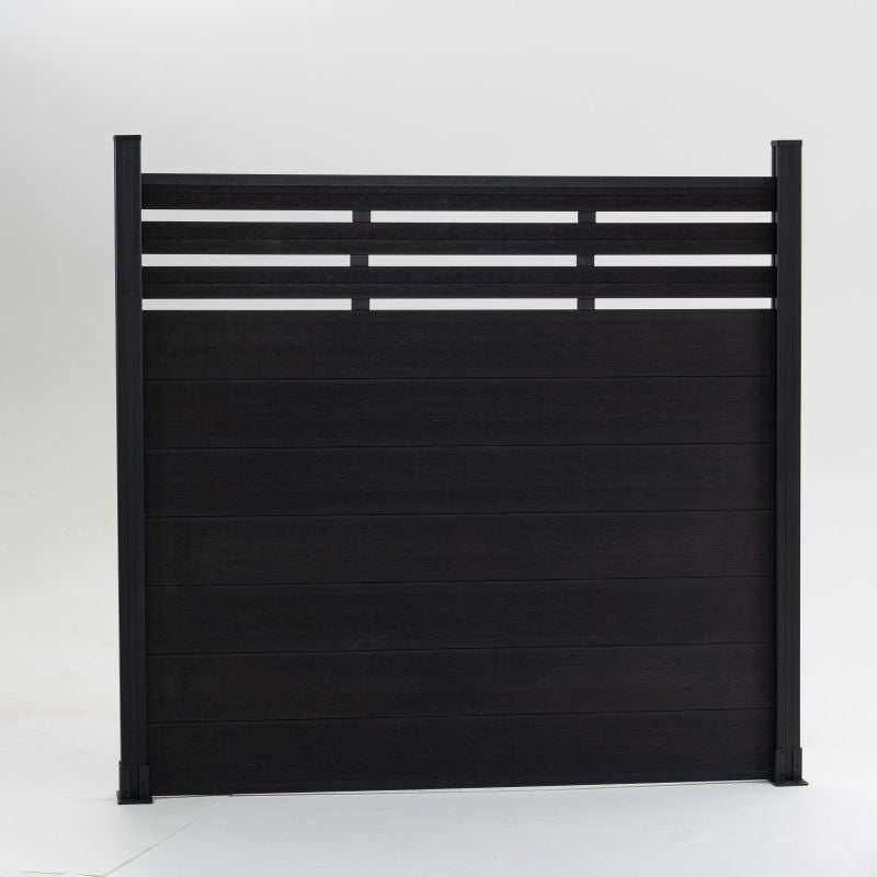 Modern black composite fence with staggered horizontal planks, durable co-extrusion design, perfect for NJ homes.