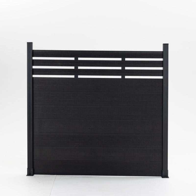 Modern black composite fence with horizontal planks, offering privacy and light, supported by sleek black posts - NJ 650