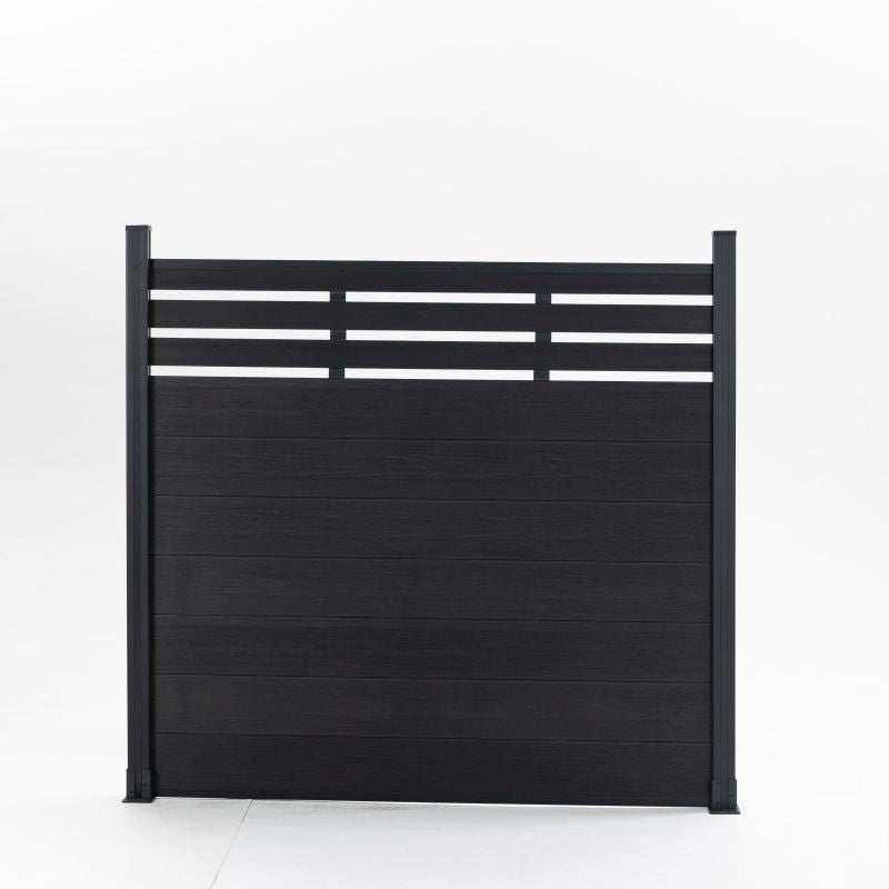 Modern black composite fence with horizontal planks for privacy and light, supported by sleek black posts, available in NJ. 577