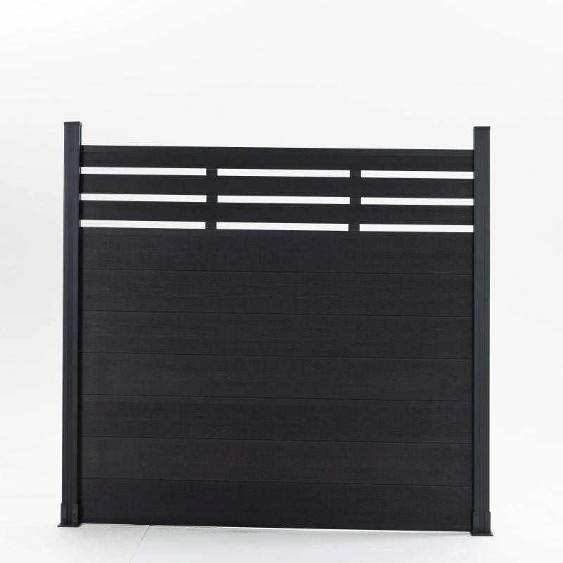 Modern black composite fence with staggered horizontal planks, square openings, and durable posts, available wholesale in