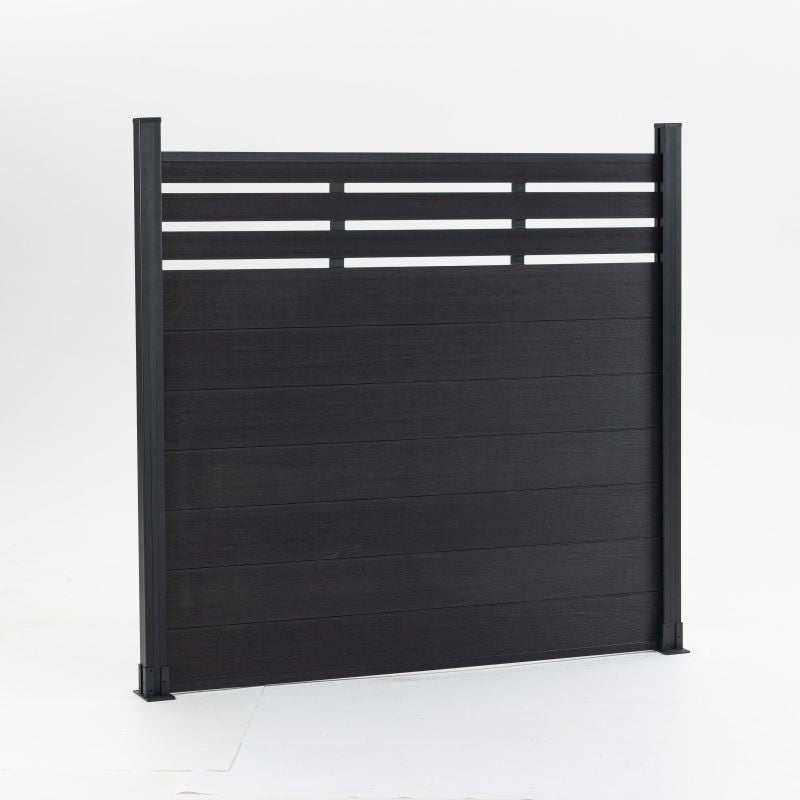 Modern black composite fence with staggered horizontal planks, supported by black posts, available at discounted prices in