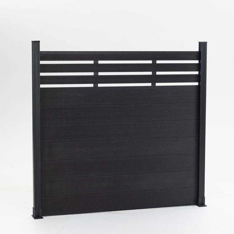 Modern black composite fence with horizontal planks for privacy and light, supported by sleek black posts, available in NJ.