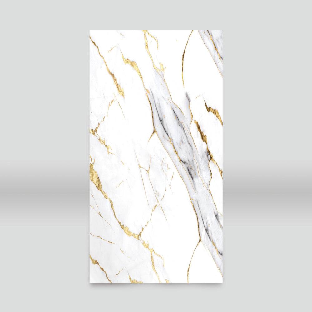 Luxe white marble wall panel with gold & gray veins, 4x8 ft, fireproof, waterproof, UV-protected, perfect for NJ homes &