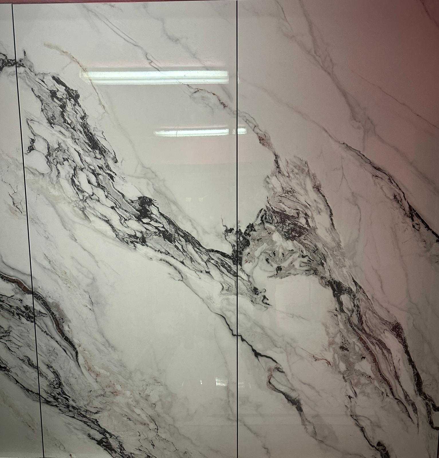 White marble bamboo veneer panels with striking black and gray veins, glossy finish, book match pattern, 9x4 feet, available