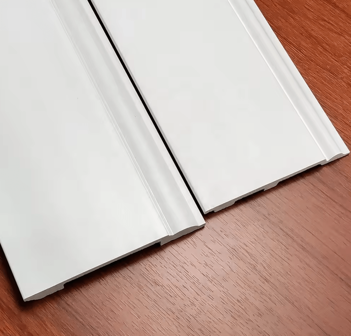 White polyurethane baseboard molding with beveled top edge, flat bottom, 5 1/4 W x 112 L, ideal for NJ homes