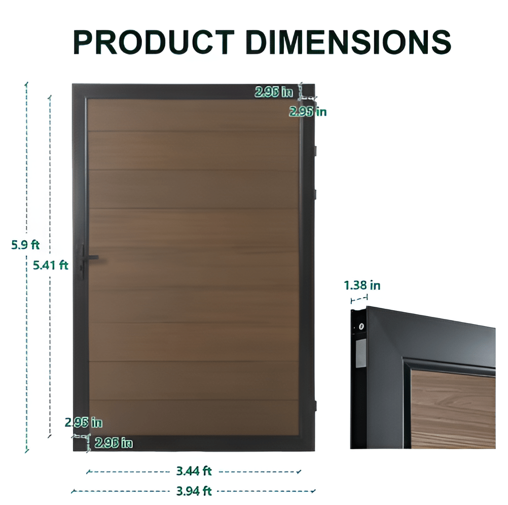 Brown WPC fence gate with a sturdy wood frame, 5.9ft tall, 3.44ft wide, and durable brown finish, ideal for NJ homes