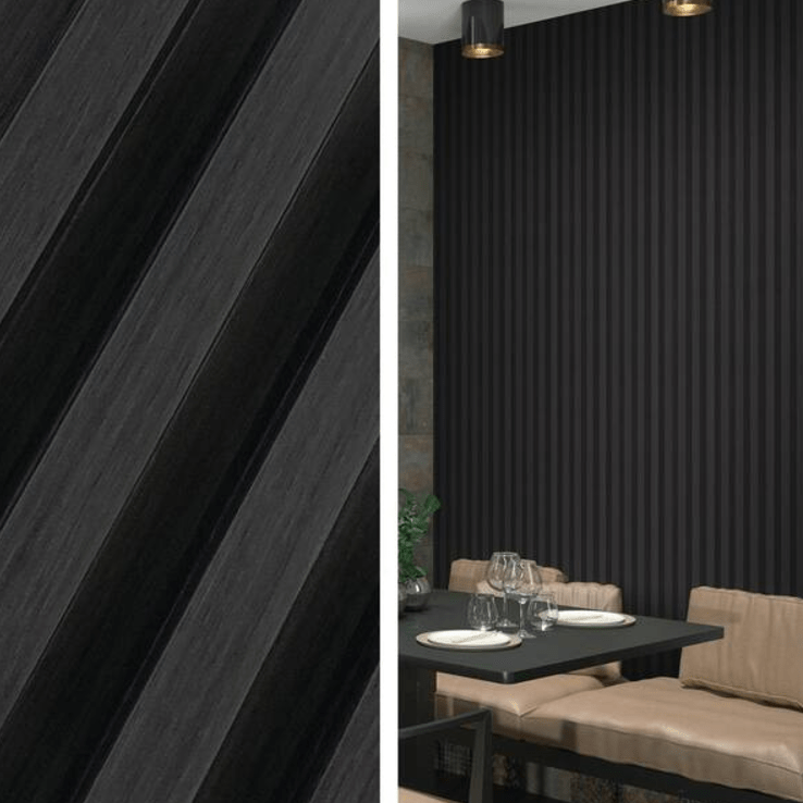 Black and white glossy fluted wall panels, vertical stripes, premium quality, stylish dining room decor in NJ.