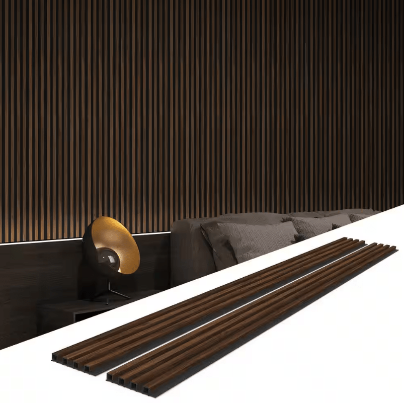 Dark wood fluted wall panels, 96” x 8.3”, premium quality, stylish design, easy to install, perfect for NJ modern bedrooms.