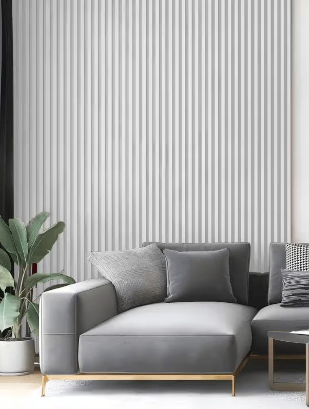 Premium gray fluted wall panels, 96” x 8.3”, stylish and easy to install, enhancing modern NJ living rooms with sleek