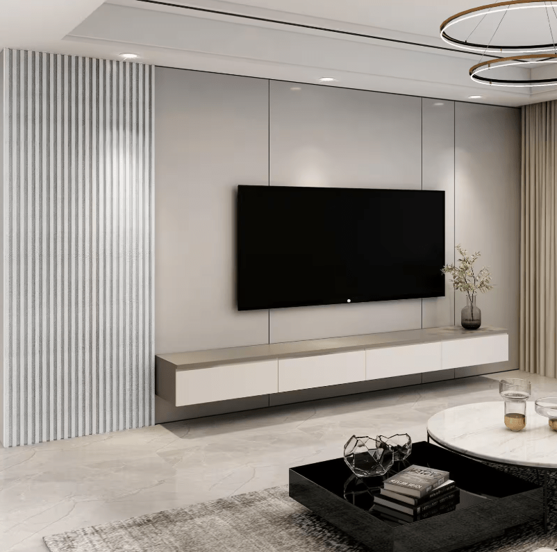 Premium white fluted wall panels, 96” x 8.3”, stylish and easy to install, perfect for modern NJ living rooms with sleek