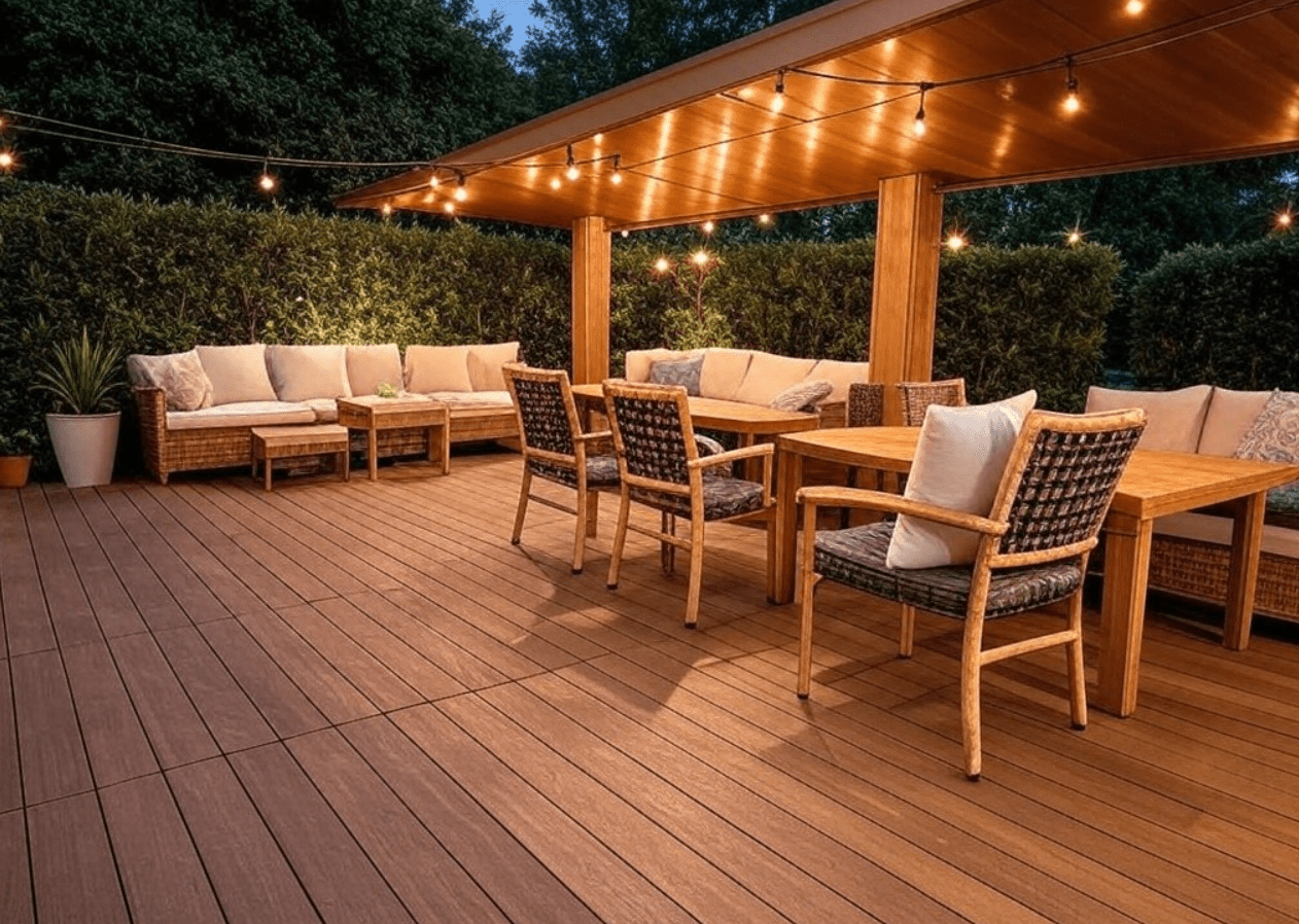 Brown walnut composite decking with ultra-guard finish, 1x5.5x10 ft, in a stylish NJ backyard with pergola and seating.