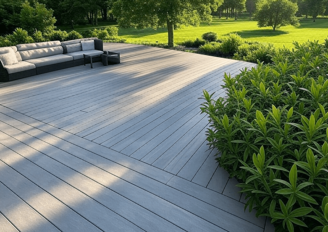 Light gray composite deck board with Ultra Guard finish, 1x5.5x10 ft, in a cozy NJ backyard setting with modern outdoor