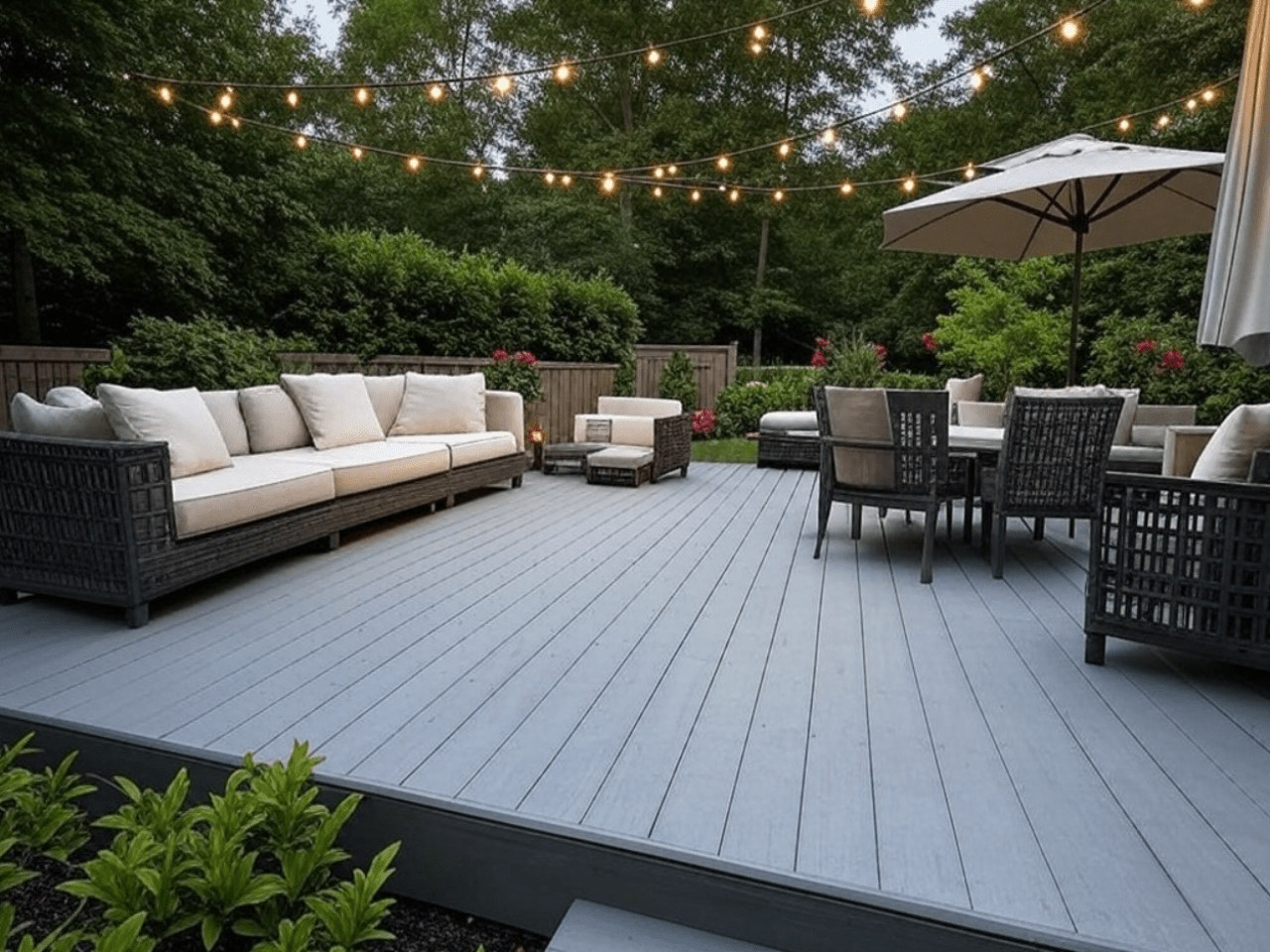 Light gray composite decking with ultra-guard finish, ideal for NJ backyards, featuring durable co-extruded design for