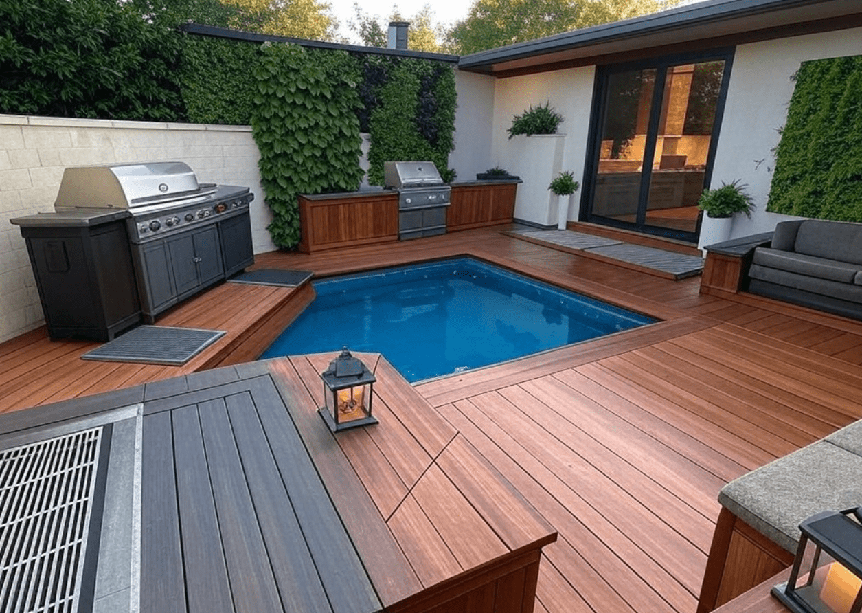 Red Sandalwood composite decking with co-extruded Ultra Guard, 1x5.5x10 ft, perfect for NJ backyard decks, pools, and