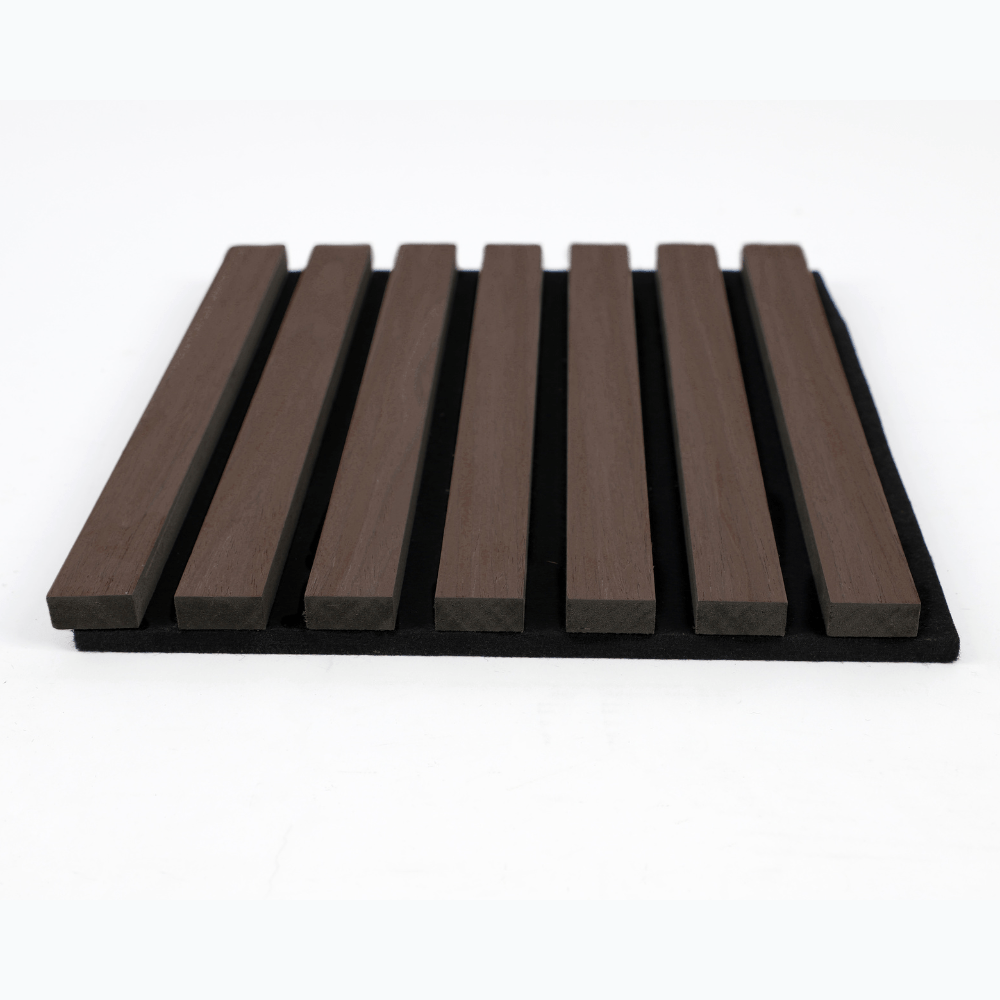 Dark brown MDF acoustic wall panels with black felt backing, 12x48 wood slat design, soundproofing solution in New Jersey