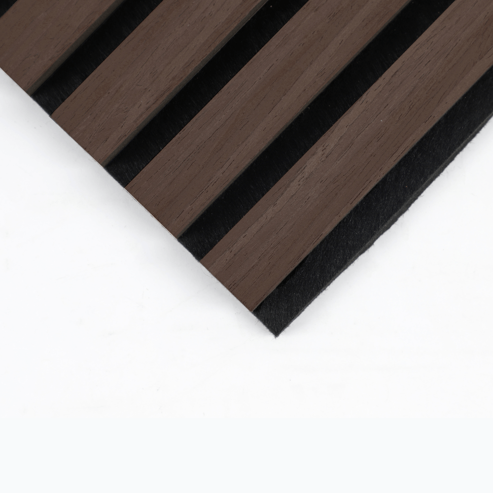 Dark chestnut wood slat acoustic wall panel with black backing, beveled edges, horizontal design, installed on white wall in