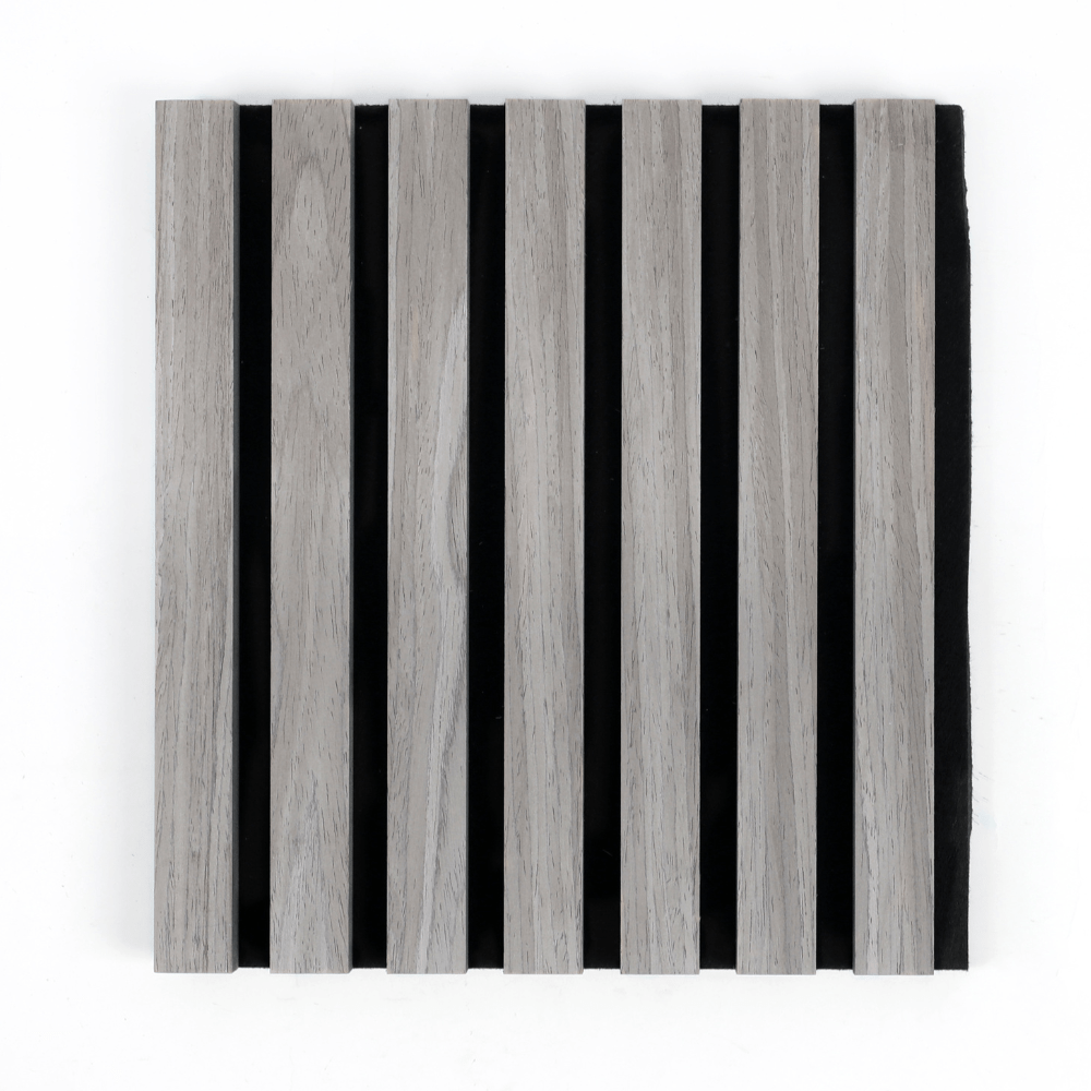 Gray & black 94” x 24” acoustic wood slat wall panel with dark wood grain, ideal for soundproofing walls and ceilings in